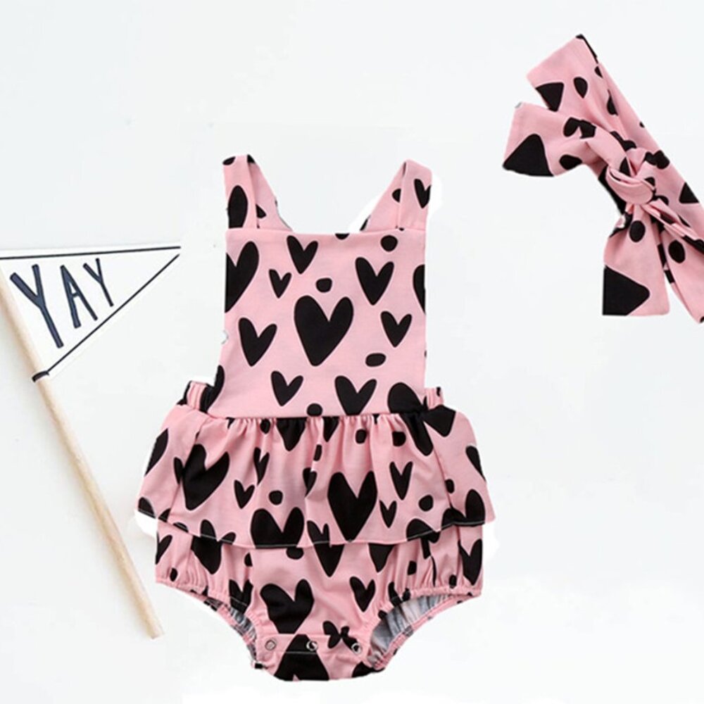 Black Hearts Back Crossed Pink baby Romper & Headband